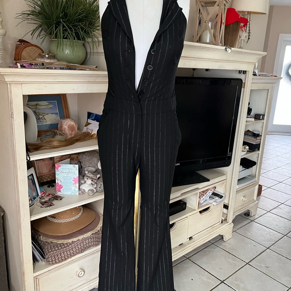 Vintage Bebe Black Silver Pinstripe Dress Jumpsuit 0